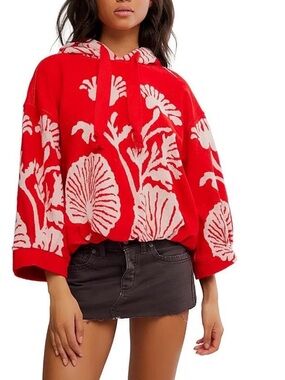 Free People Red Hoodie with Cream Floral Jacquard